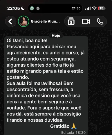 Print de conversa de aluna no WhatsApp contando o resultado com o método