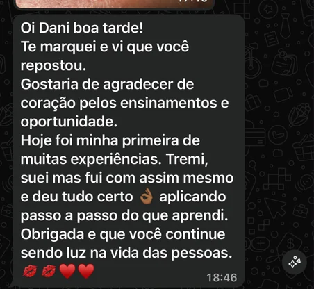 Print de conversa de aluna no WhatsApp contando o resultado com o método
